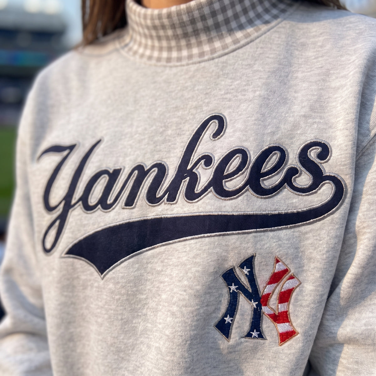 Baseball Appliqué Gingham Mockneck