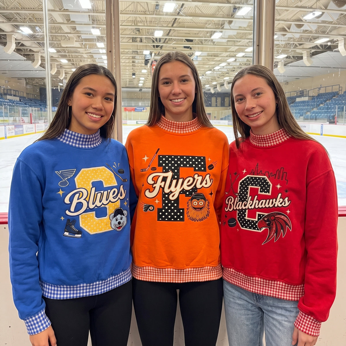 Hockey Mascot Appliqué Gingham Mockneck